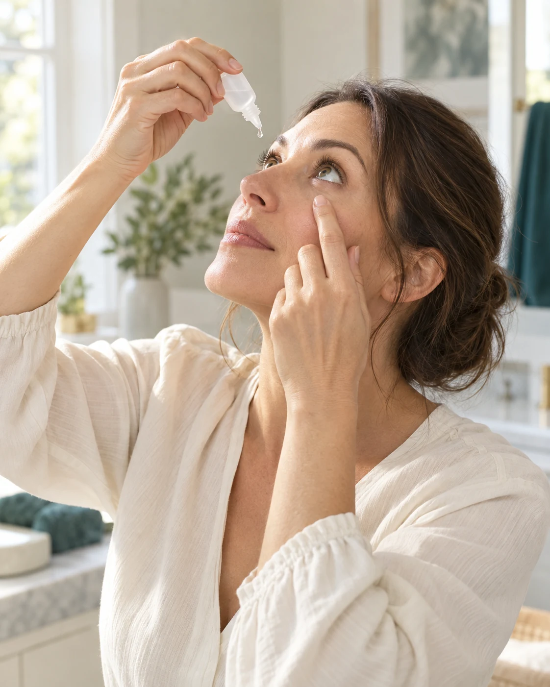 A woman applying an eye drop from a small bottle in a bright, calm interior